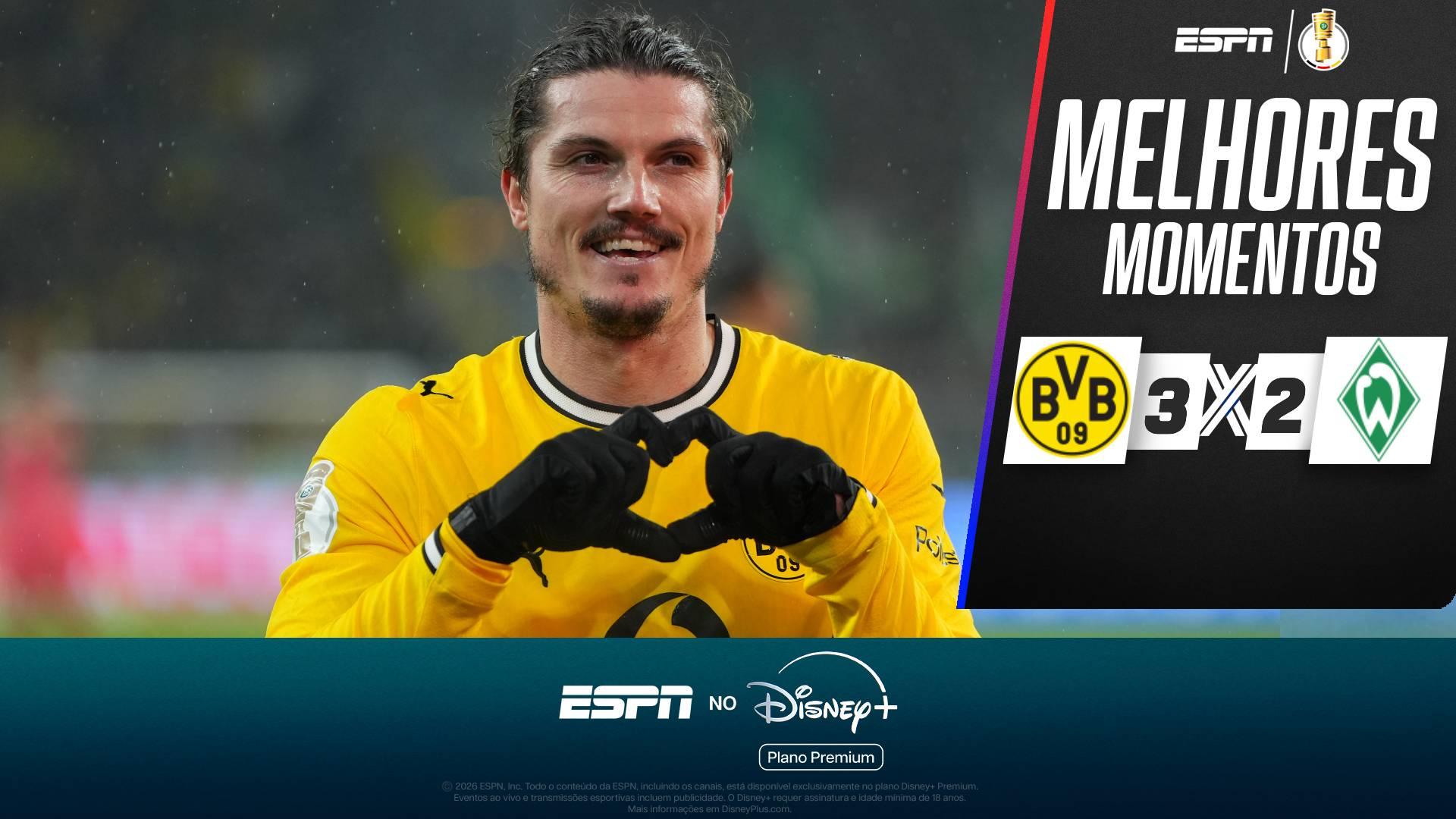 Borussia Dortmund sofre, leva empate após abrir dois de vantagem, mas avança com golaço de falta nos acréscimos na Copa da Alemanha