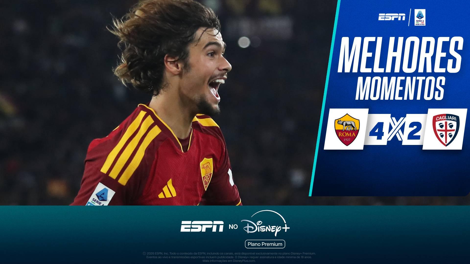 Roma leva susto, mas bate o Cagliari em jogo de seis gols e segue na briga pela liderança do Italiano; VEJA como foi