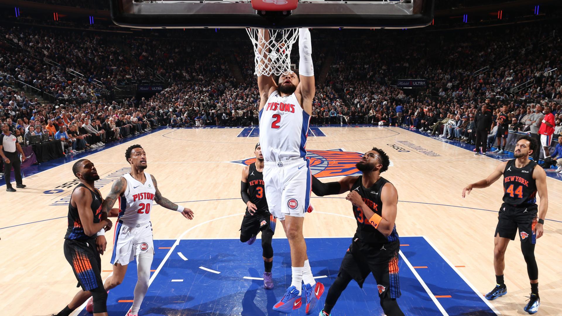 Knicks get first win of the season with a 111-97 victory over the previously unbeaten Pistons