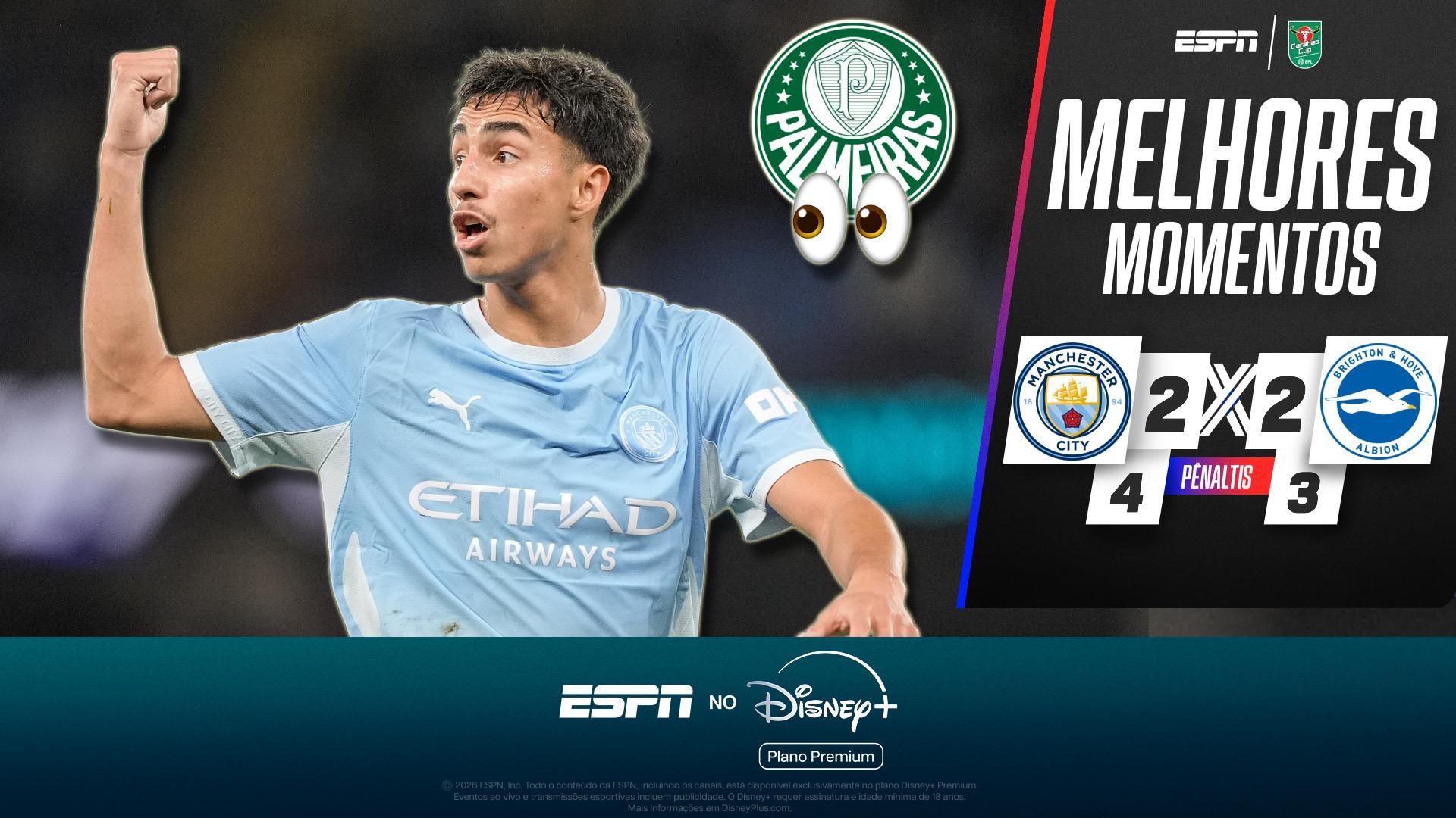 City fica atrás duas vezes, mas reage com gol brasileiro e avança nos pênaltis contra o Brighton na Copa da Liga Inglesa; veja como foi