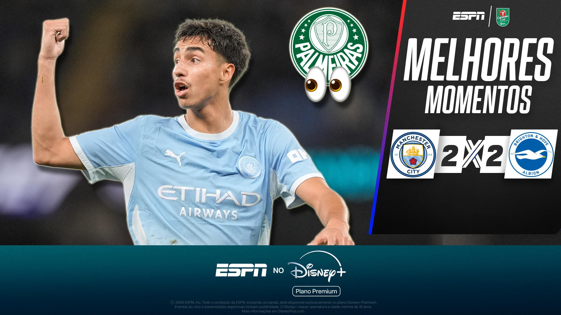 City fica atrás duas vezes, mas reage com gol brasileiro e avança nos pênaltis contra o Brighton na Copa da Liga Inglesa; veja como foi