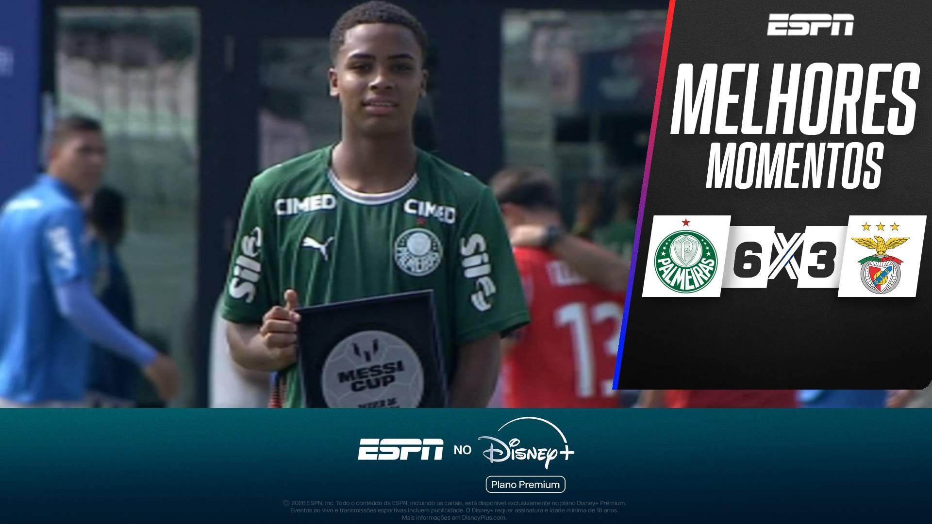 Palmeiras domina Benfica na Messi Cup e avança para semifinal com show de Gabriel Bueno, que fez o 'gol que Pelé não fez'