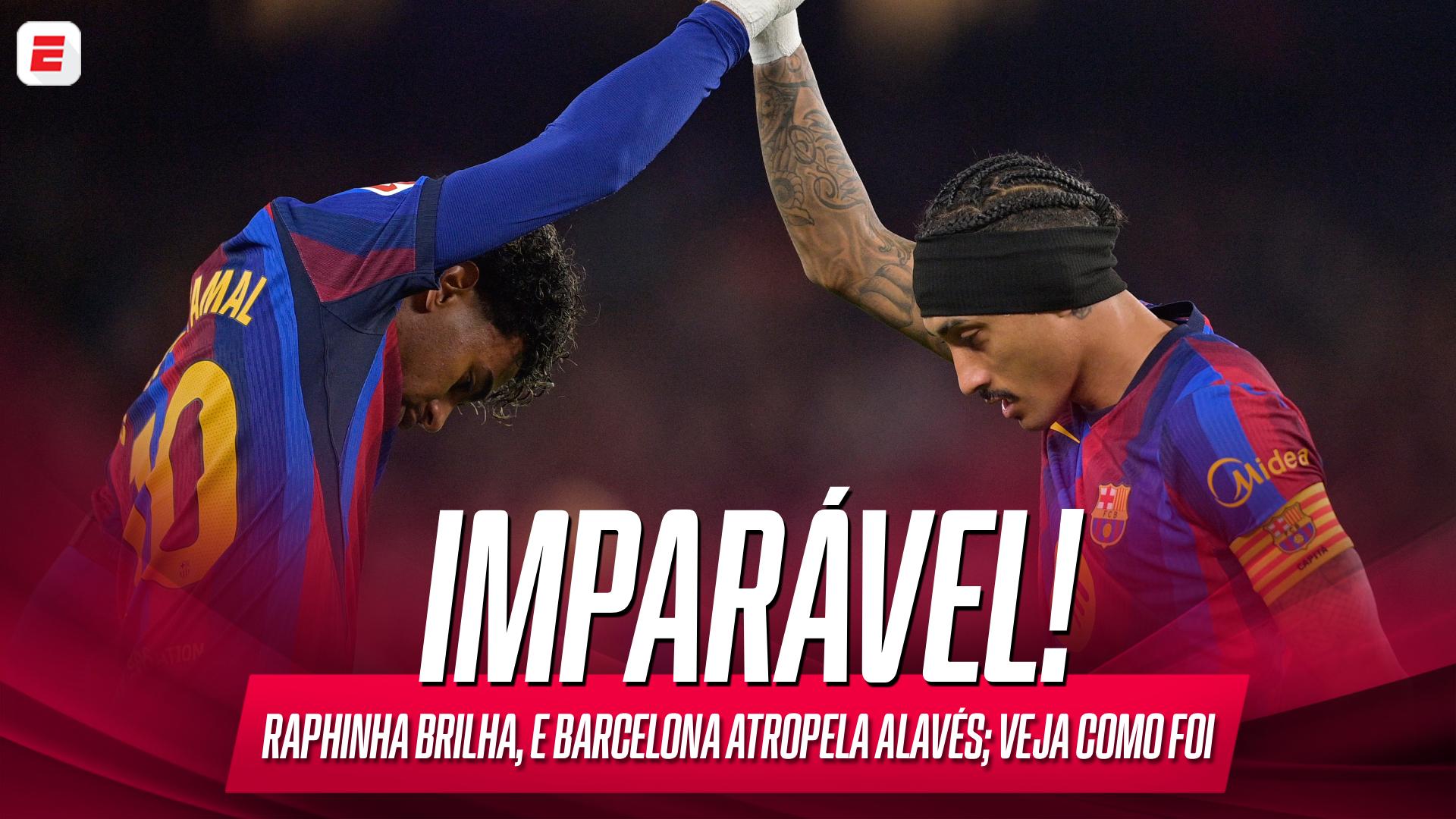 Raphinha e Yamal marcam duas vezes cada, Bacelona goleia Alavés e volta a vencer após duas derrotas seguidas; VEJA como foi