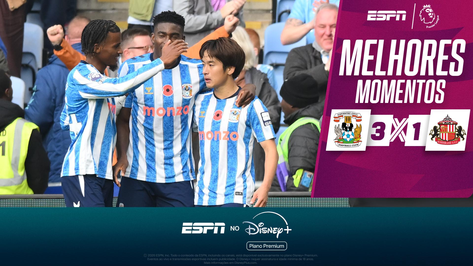 Coventry domina Sunderland, que afunda na lanterna da Premier League; VEJA os melhores momentos