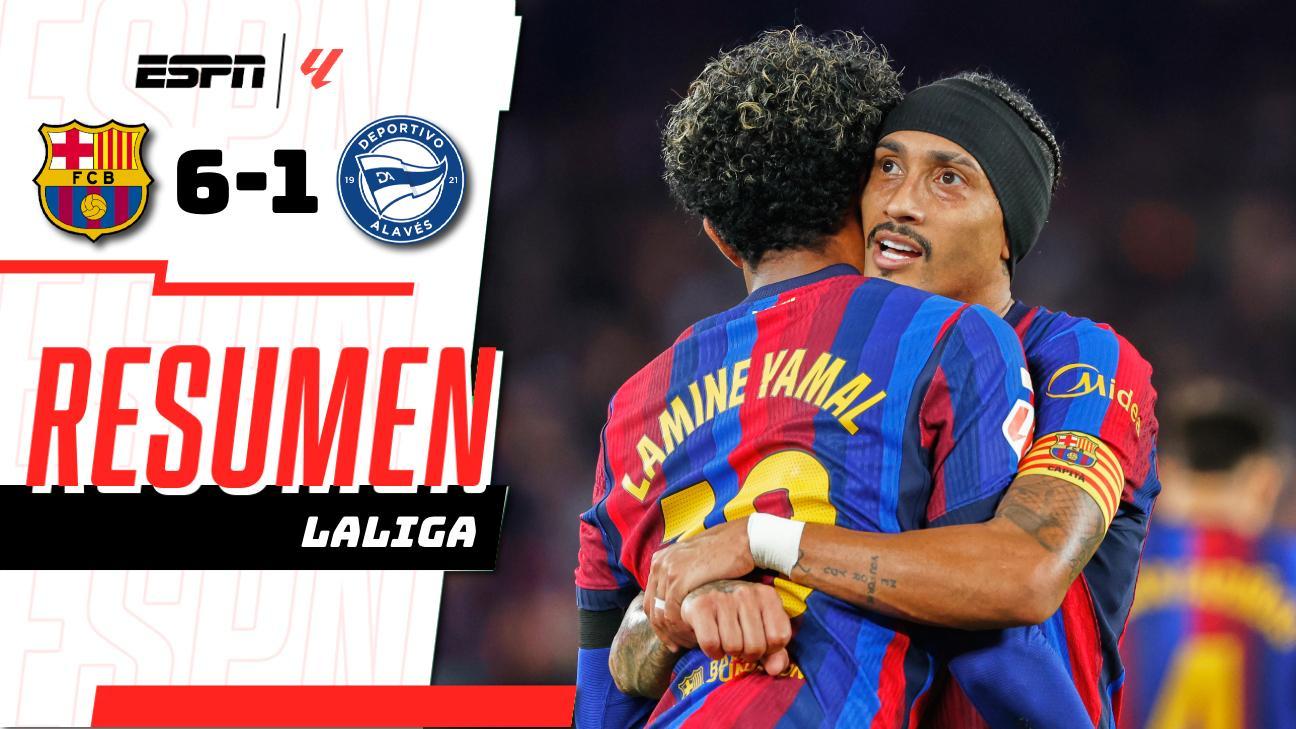 ¡El Barcelona aplasta 6-1 al Alavés con dobletes de Raphinha y Yamal!