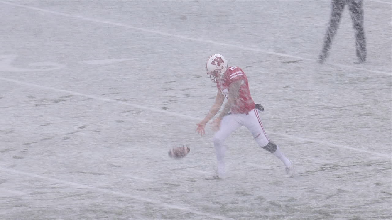 Wisconsin punter juggles snowball on a punt attempt
