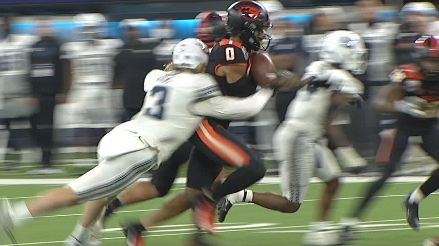 Utah State's Justin Rice punches ball loose for turnover