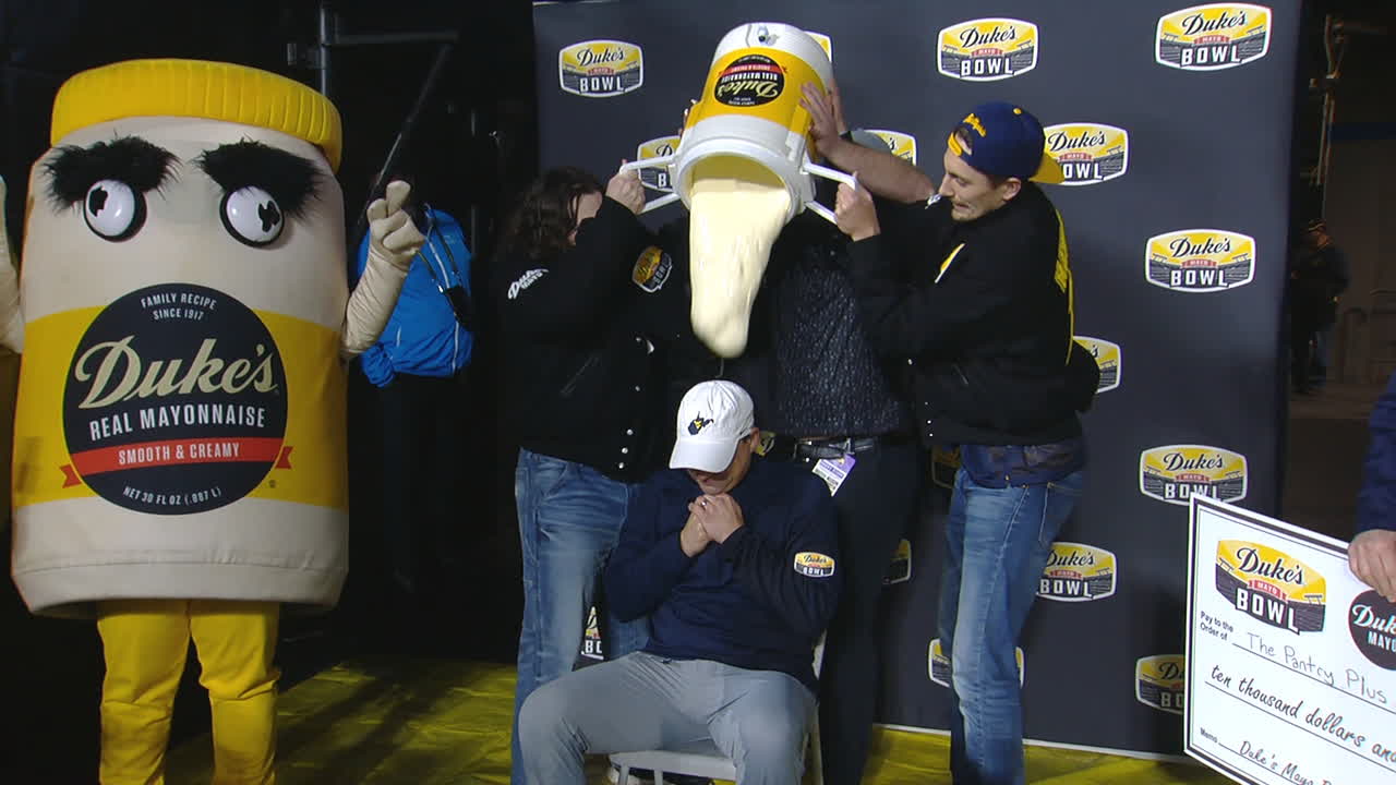 WVU coach gets doused in mayo after bowl win