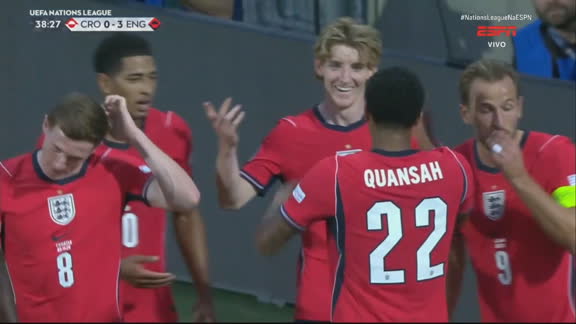 Gol da Inglaterra! Quansah cruza na medida, e Gordon faz 3 a 0 ainda no primeiro tempo