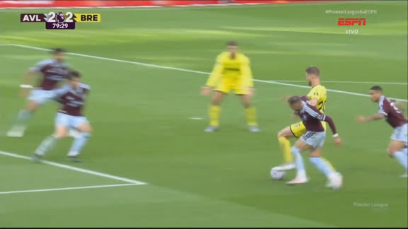 Mais um gol do Brentford! Ajer invade a área, recebe de Jaidon Anthony e empata a partida contra o Aston Villa