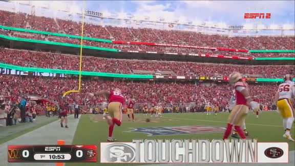 Touchdown, 49ers! George Kittle aparece livre na endzone para receber passe na medida de Brock Purdy