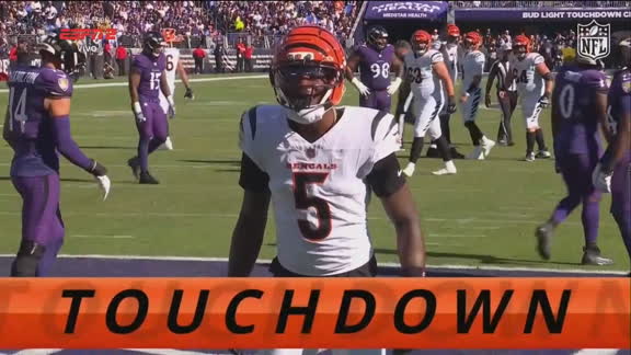 Touchdown, Bengals! Joe Burrow faz passe preciso para Tee Higgins e Cincinnati vira contra Baltimore