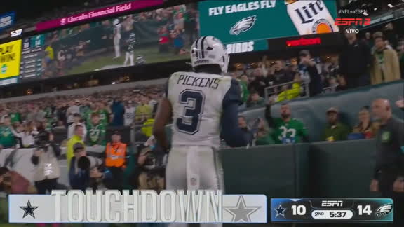 Lindo touchdown dos Cowboys! Prescott encontra Pickens no cantinho da endzone, e Dallas vira o placar