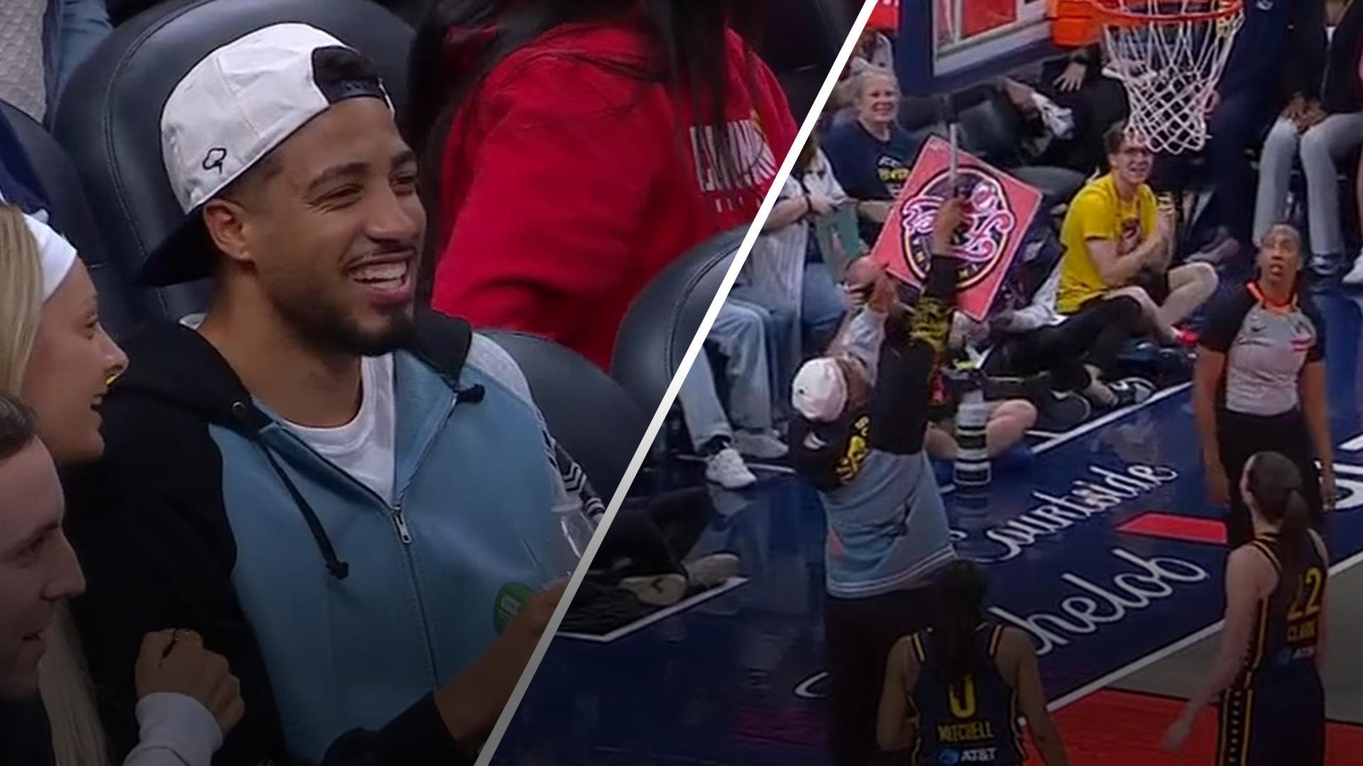 Haliburton emerges from crowd to retrieve ball at Fever game