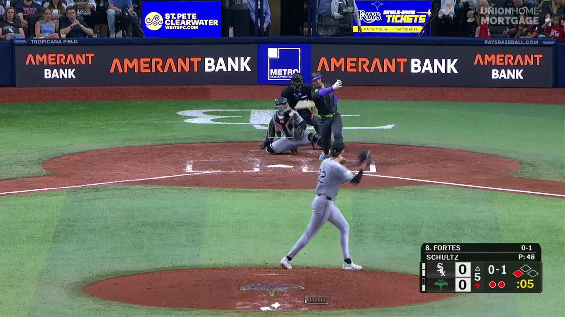 Nick Fortes hits an RBI single — Article image accompanying Rasmussen, Fortes, Baker power the AL-leading Rays to a 1-0 win over the White Sox on WagerUp Sports News.