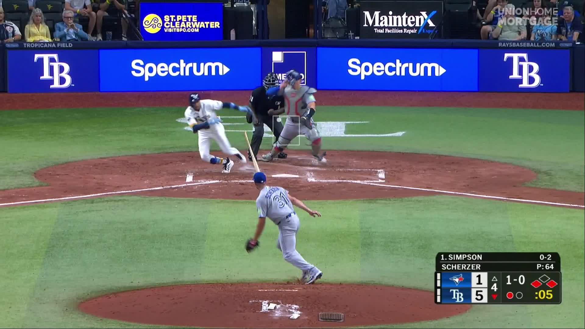 Chandler Simpson hits an RBI single — Article image accompanying Blue Jays bring 1-0 series lead over Rays into game 2 on WagerUp Sports News.