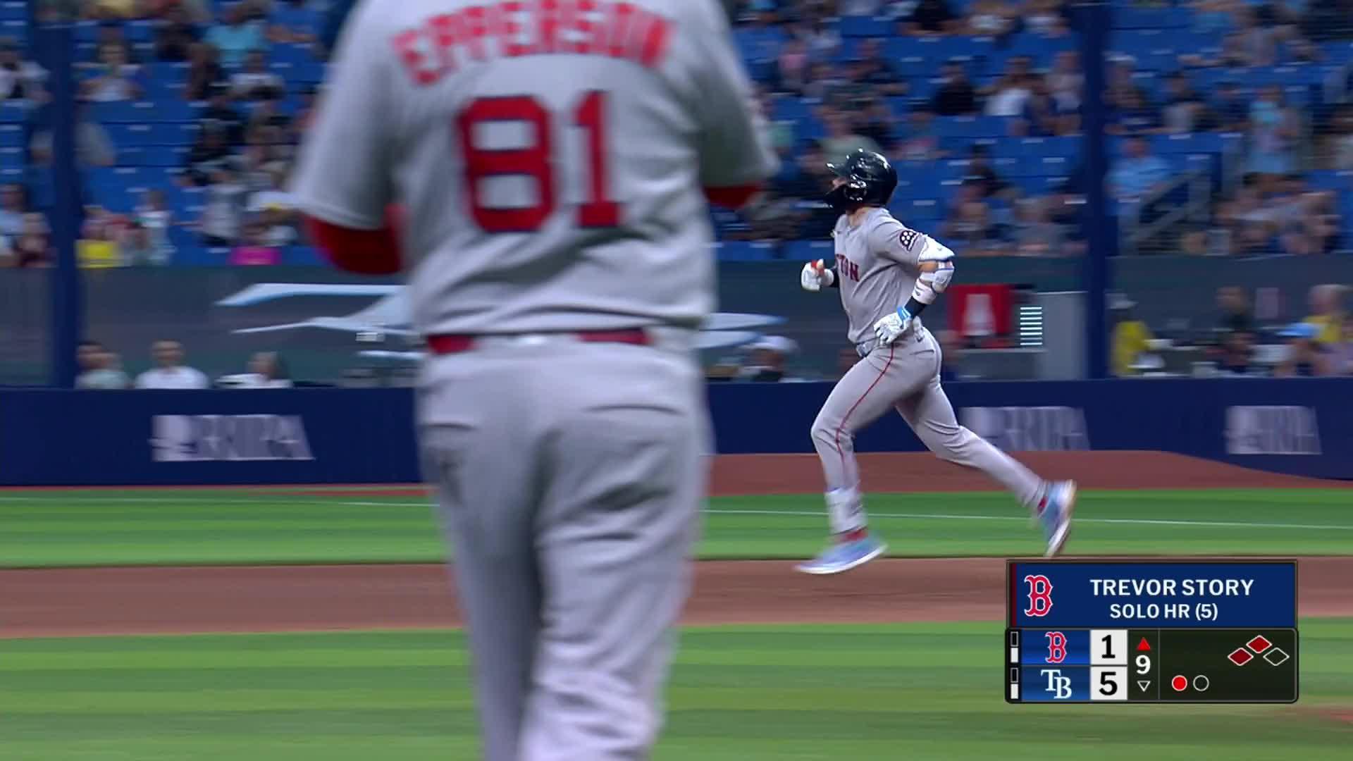 Trevor Story smashes a home run — Article image accompanying Griffin Jax tosses 5 shutout innings as Rays near AL East title with a 5-1 victory over the Red Sox on WagerUp Sports News.