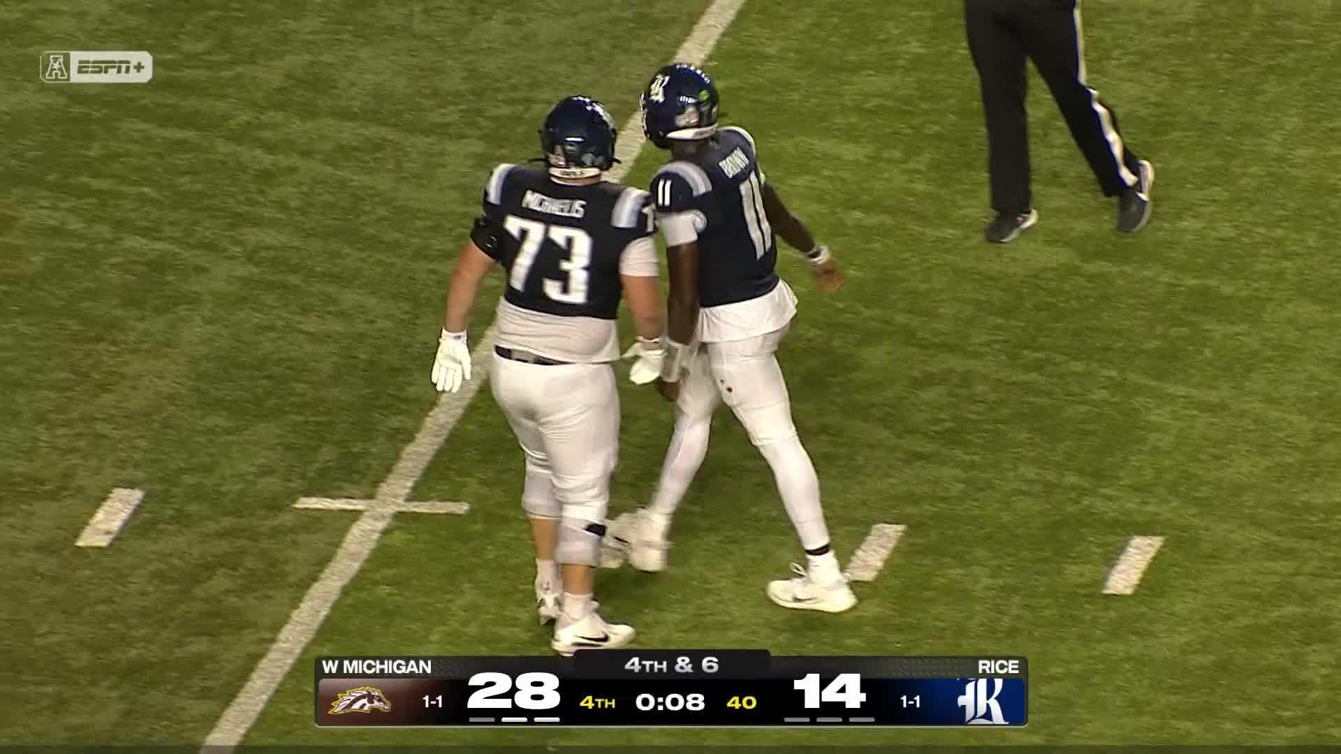 Jacurri Brown throws 22-yard TD pass to Barry Jackson Jr. — Article image accompanying Buckley, Lowry, and Mataele each score TDs for Western Michigan in 28-21 win over Rice on WagerUp Sports News. Jacurri Brown throws 22-yard TD pass to Barry Jackson Jr. — Article image accompanying Buckley, Lowry, and Mataele each score TDs for Western Michigan in 28-21 win over Rice on WagerUp Sports News.