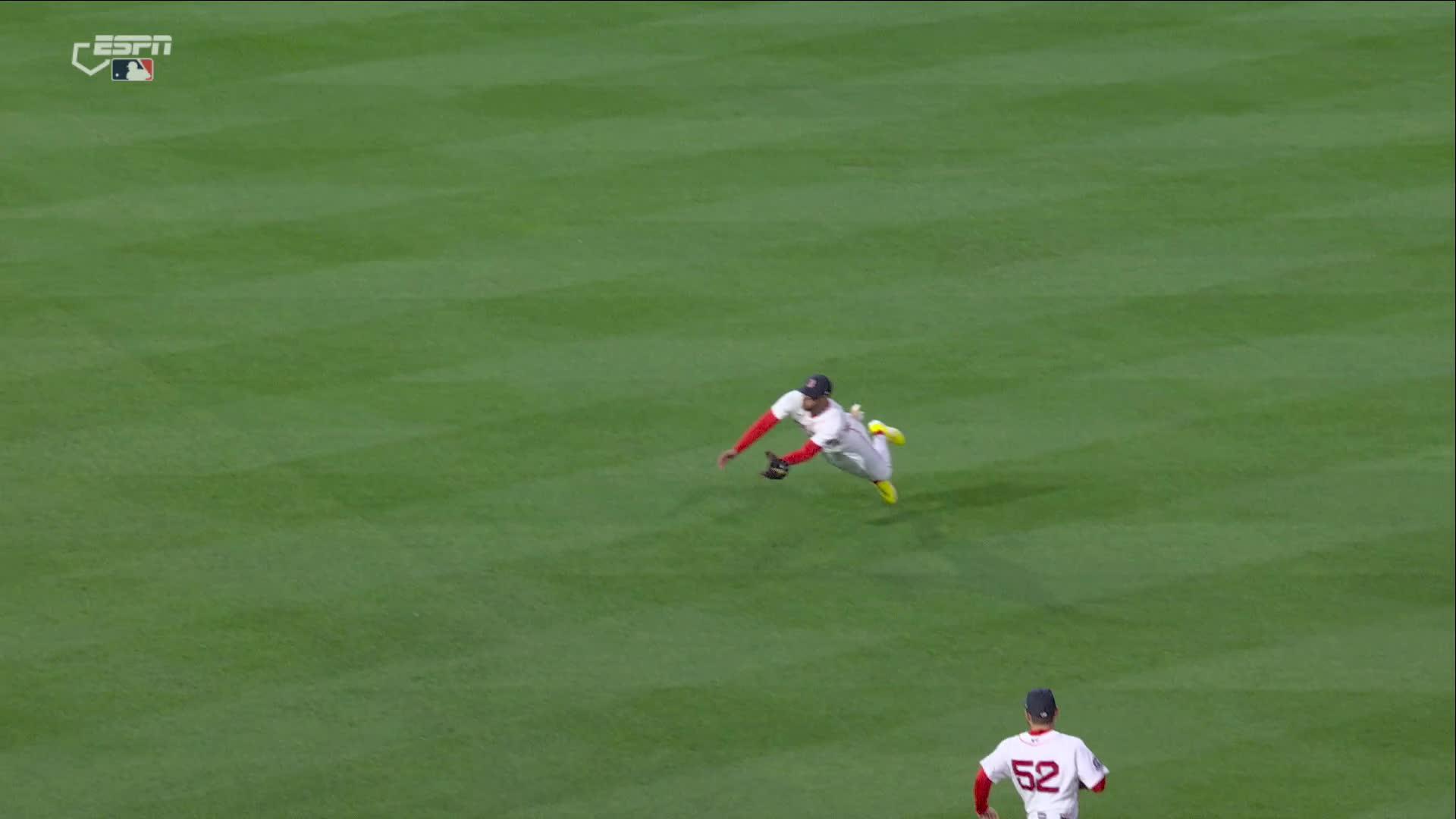 Ceddane Rafaela makes a diving catch in his first game back for the Red Sox — Article image accompanying Gray earns 18th victory, Monasterio drives in run, and Red Sox edge Guardians 1-0 on WagerUp Sports News.