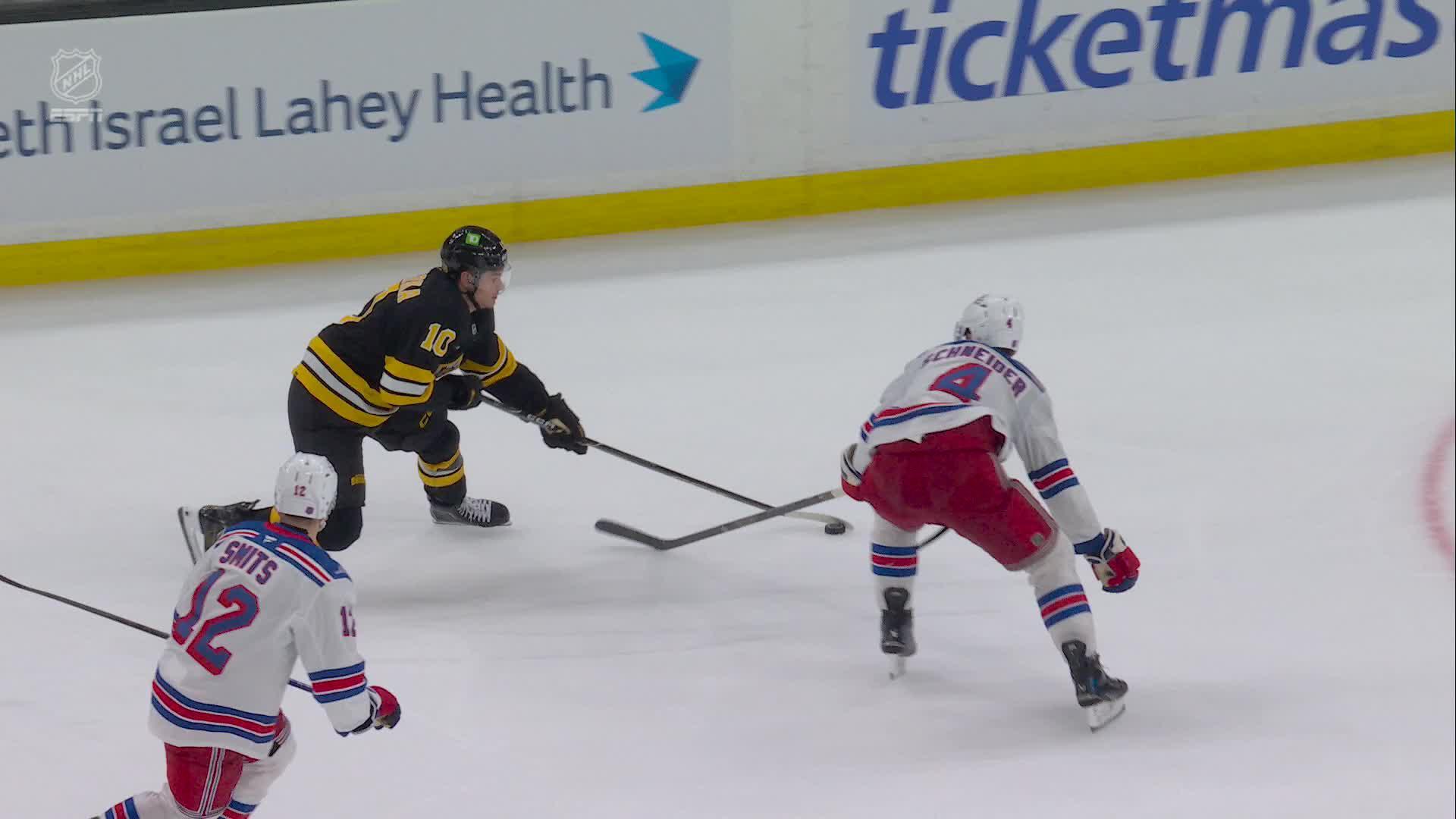 New York Rangers vs. Boston Bruins: Game Highlights — Article image accompanying Fraser Minten shines as late surge lifts the Bruins past the Rangers 3-0 on WagerUp Sports News.