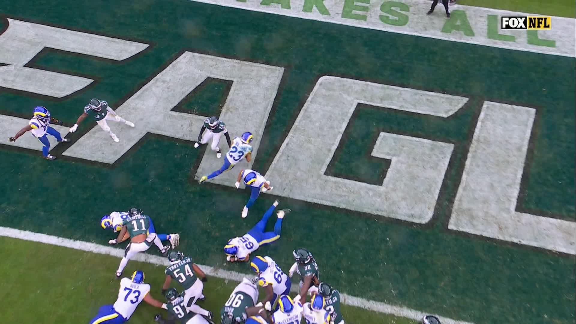 Kyren Williams cuts into Eagles' lead with a rushing TD — Article image accompanying Rams rally behind Stafford, Williams from 10 points down in 4th quarter to beat Eagles 24-20 on WagerUp Sports News.