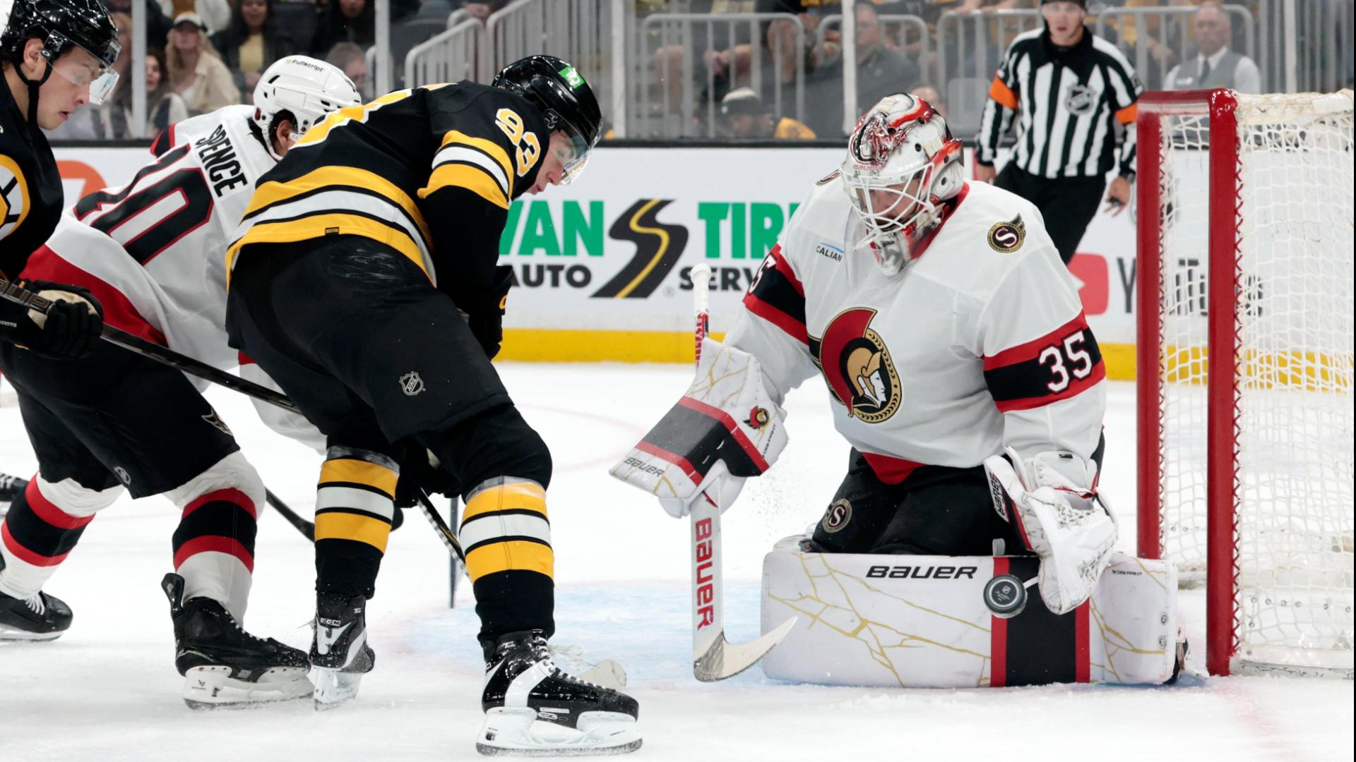 Senators goalie Linus Ullmark exits game after collision — Article image accompanying Stutzle's 3-point game, Ullmark and Ersson power Senators to a 4-1 win over Bruins on WagerUp Sports News.
