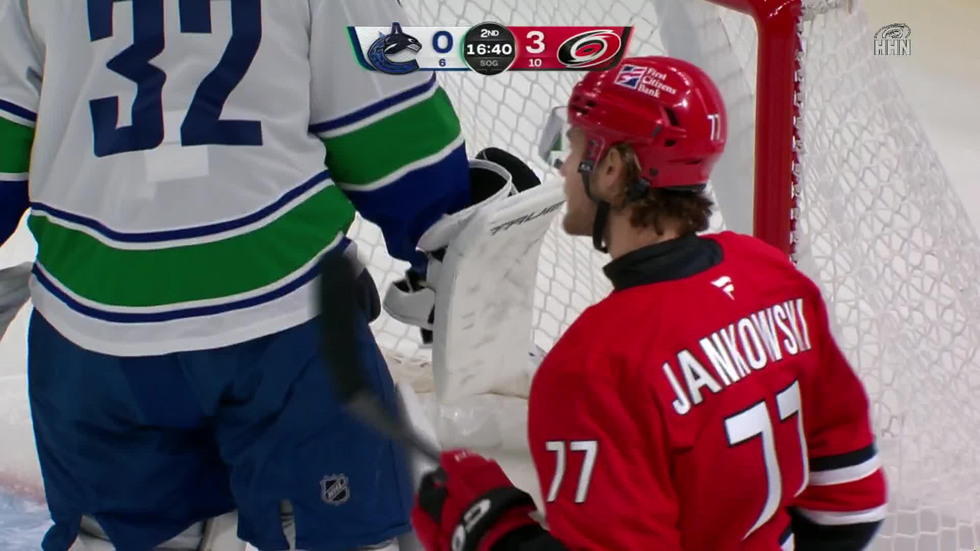 Vancouver Canucks vs. Carolina Hurricanes: Game Highlights — Article image accompanying Logan Stankoven's first career hat trick helps Hurricanes beat Canucks 7-2 on WagerUp Sports News.