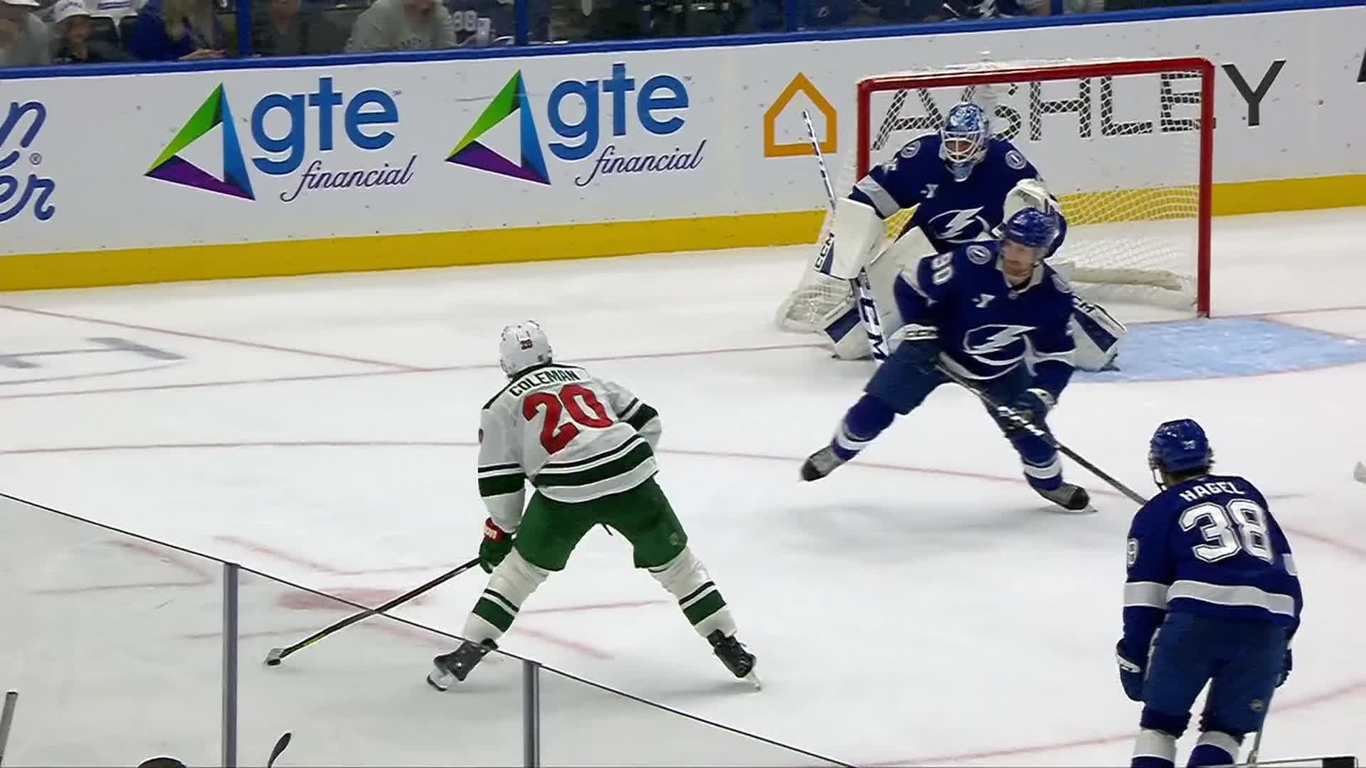 Blake Coleman scores on the power play for Minnesota Wild — Article image accompanying Carlson scores twice to help the Lightning beat the Wild 3-2 on WagerUp Sports News.