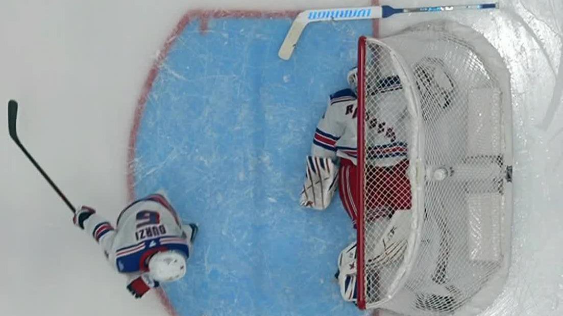 Igor Shesterkin helped off ice after skating into the post — Article image accompanying Igor Shesterkin helped off ice after fall in Rangers' loss on WagerUp Sports News.