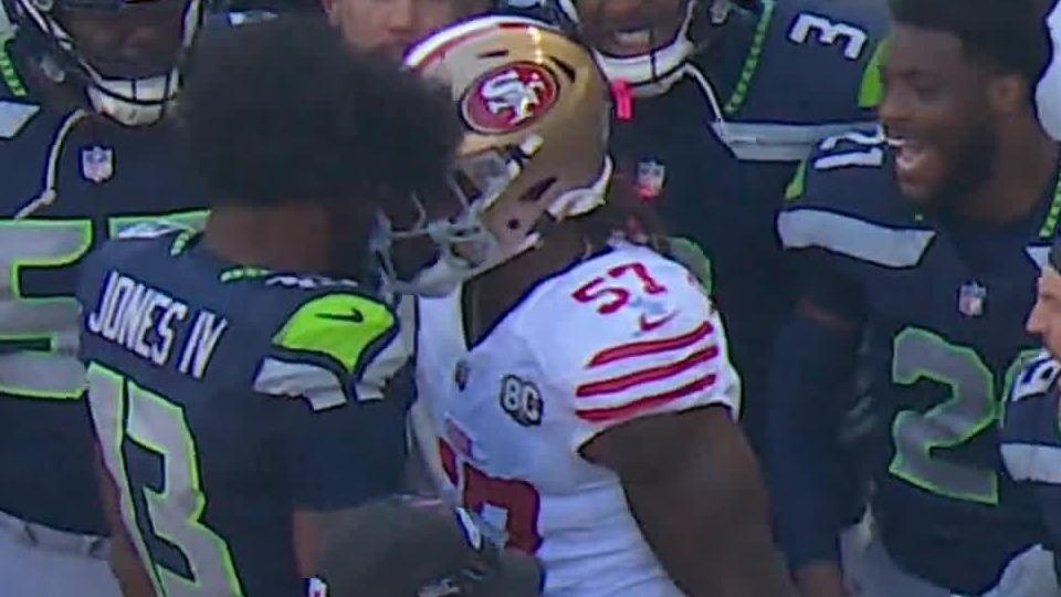 Dre Greenlaw is ejected after headbutting Ernest Jones IV — Article image accompanying 49ers' Dre Greenlaw ejected after head-butt in Seahawks win on WagerUp Sports News. Dre Greenlaw is ejected after headbutting Ernest Jones IV — Article image accompanying 49ers' Dre Greenlaw ejected after head-butt in Seahawks win on WagerUp Sports News.