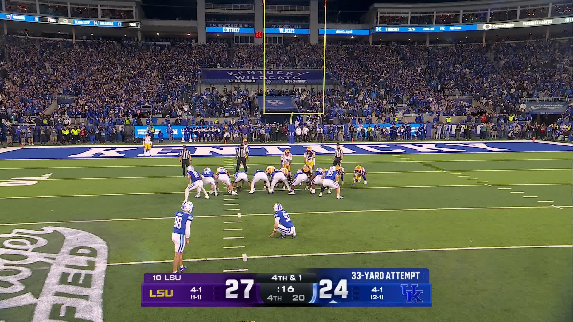 Kentucky QB Minchey scores 2-point conversion in overtime to beat No. 10 LSU 35-34