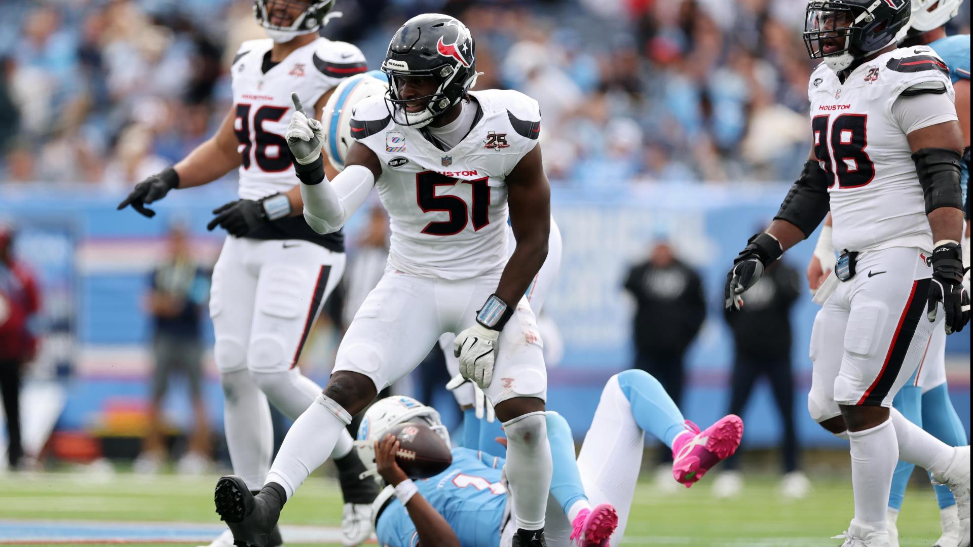 Will Anderson Jr. sacks Cam Ward three times in the 4th quarter — Article image accompanying Stroud runs for a TD, throws for another as Houston beats Titans for 1st win of season on WagerUp Sports News.