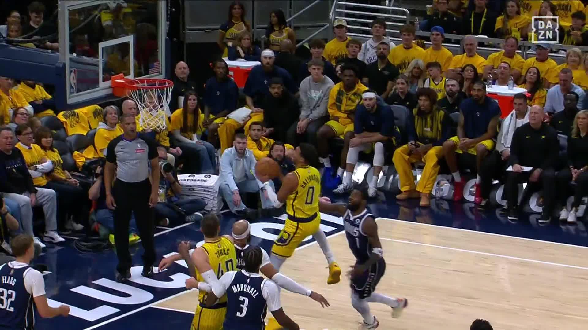 Tyrese Haliburton gets his own putback to score for the Pacers — Article image accompanying Mavericks lose Flagg to injury, and ruin Haliburton's home return with 121-105 win over Pacers on WagerUp Sports News.
